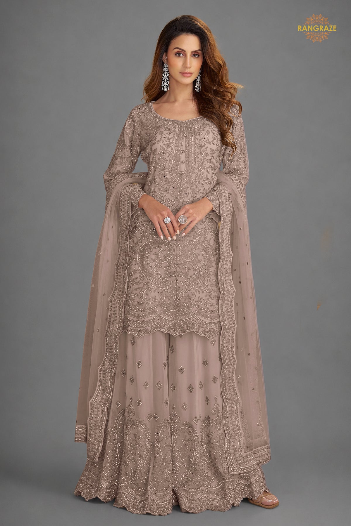 Dusty Mauve Stitched Embroidered Net Palazzo Suit