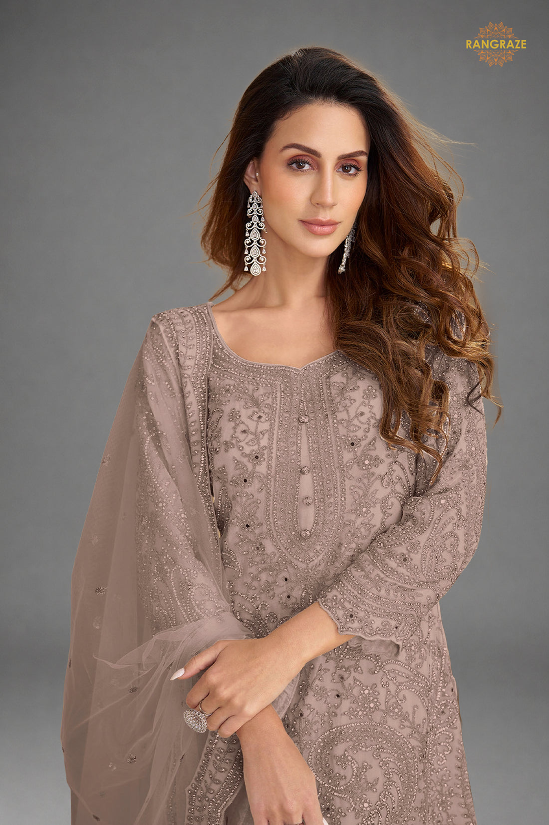Dusty Mauve Stitched Embroidered Net Palazzo Suit