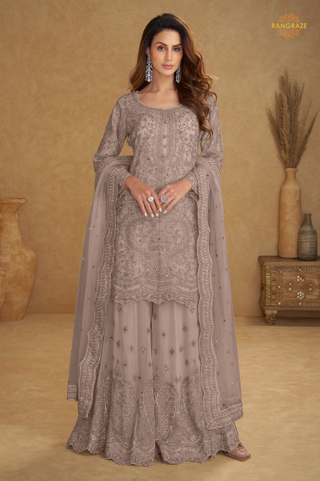 Dusty Mauve Stitched Embroidered Net Palazzo Suit