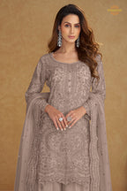 Dusty Mauve Stitched Embroidered Net Palazzo Suit