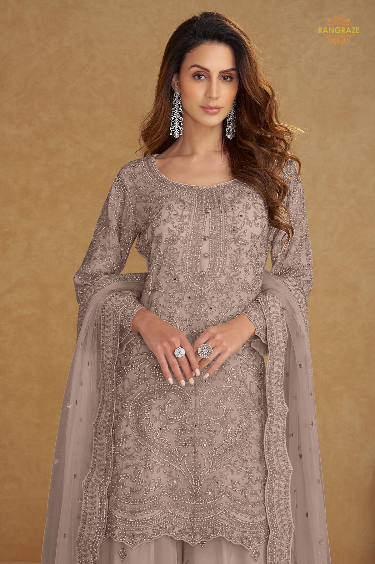 Dusty Mauve Stitched Embroidered Net Palazzo Suit