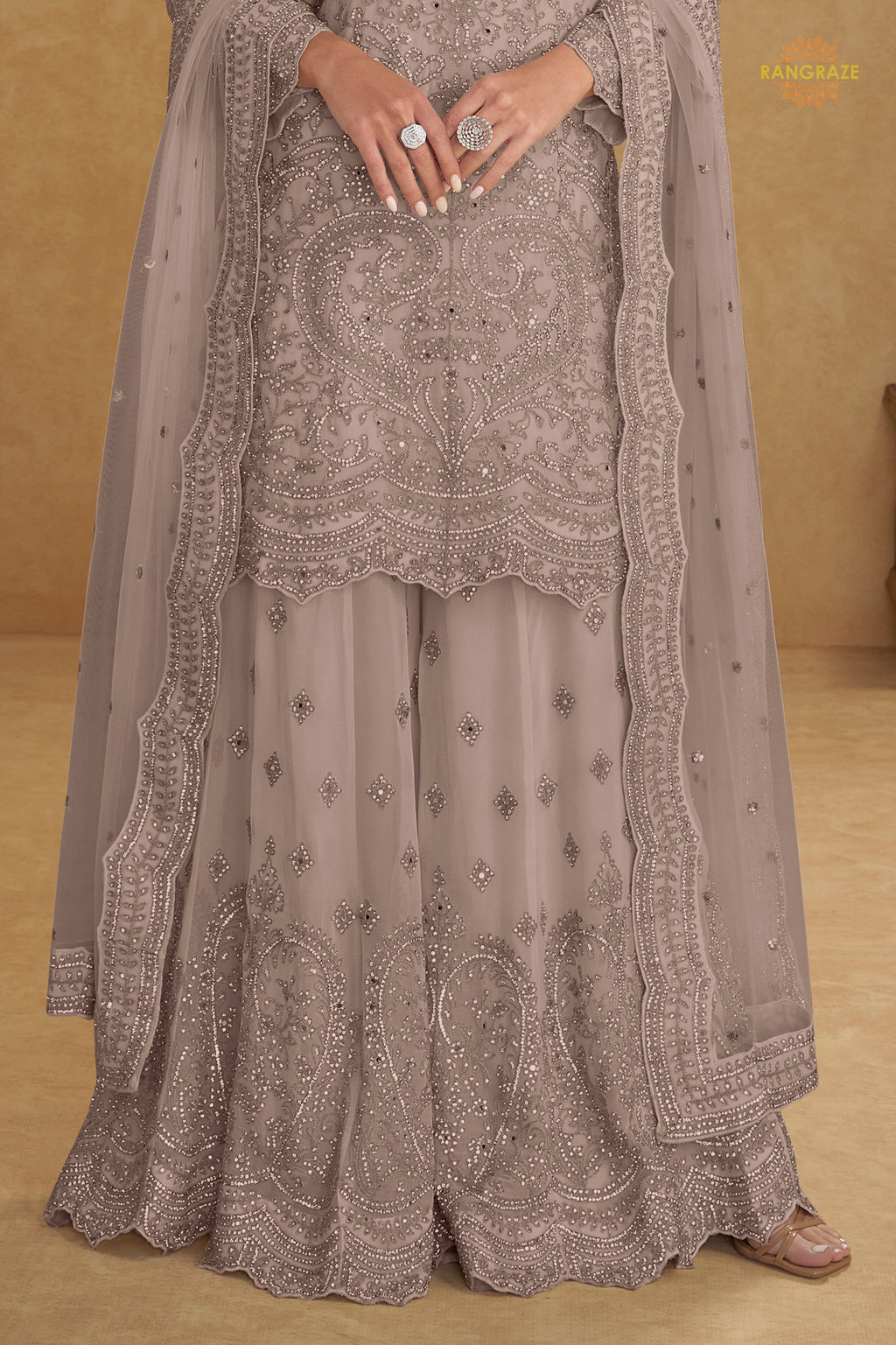 Dusty Mauve Stitched Embroidered Net Palazzo Suit