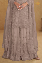 Dusty Mauve Stitched Embroidered Net Palazzo Suit