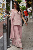 Dusty Pink Stitched Bead Work Mul Silk Sharara Suit
