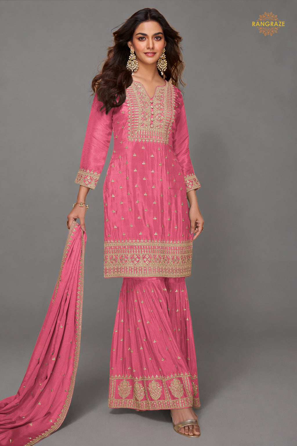 Dusty Rose Embroidered Stitched Chinon Sharara Suit