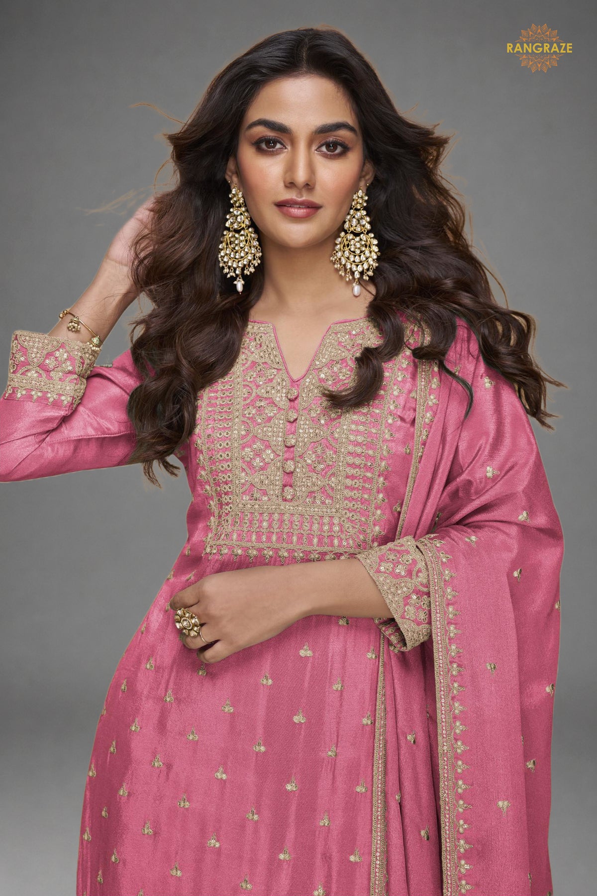 Dusty Rose Embroidered Stitched Chinon Sharara Suit