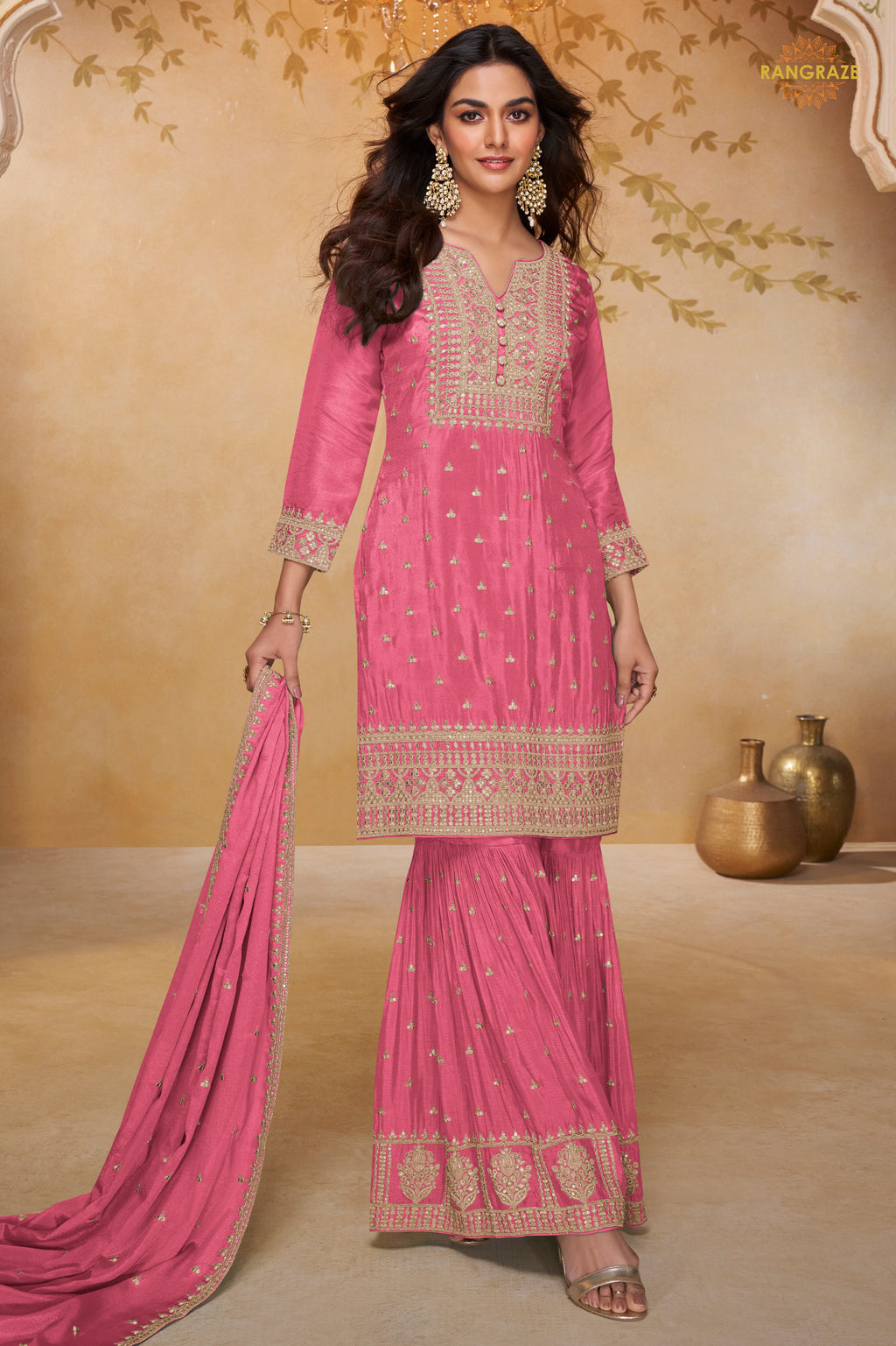 Dusty Rose Embroidered Stitched Chinon Sharara Suit