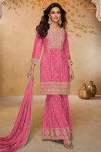 Dusty Rose Embroidered Stitched Chinon Sharara Suit