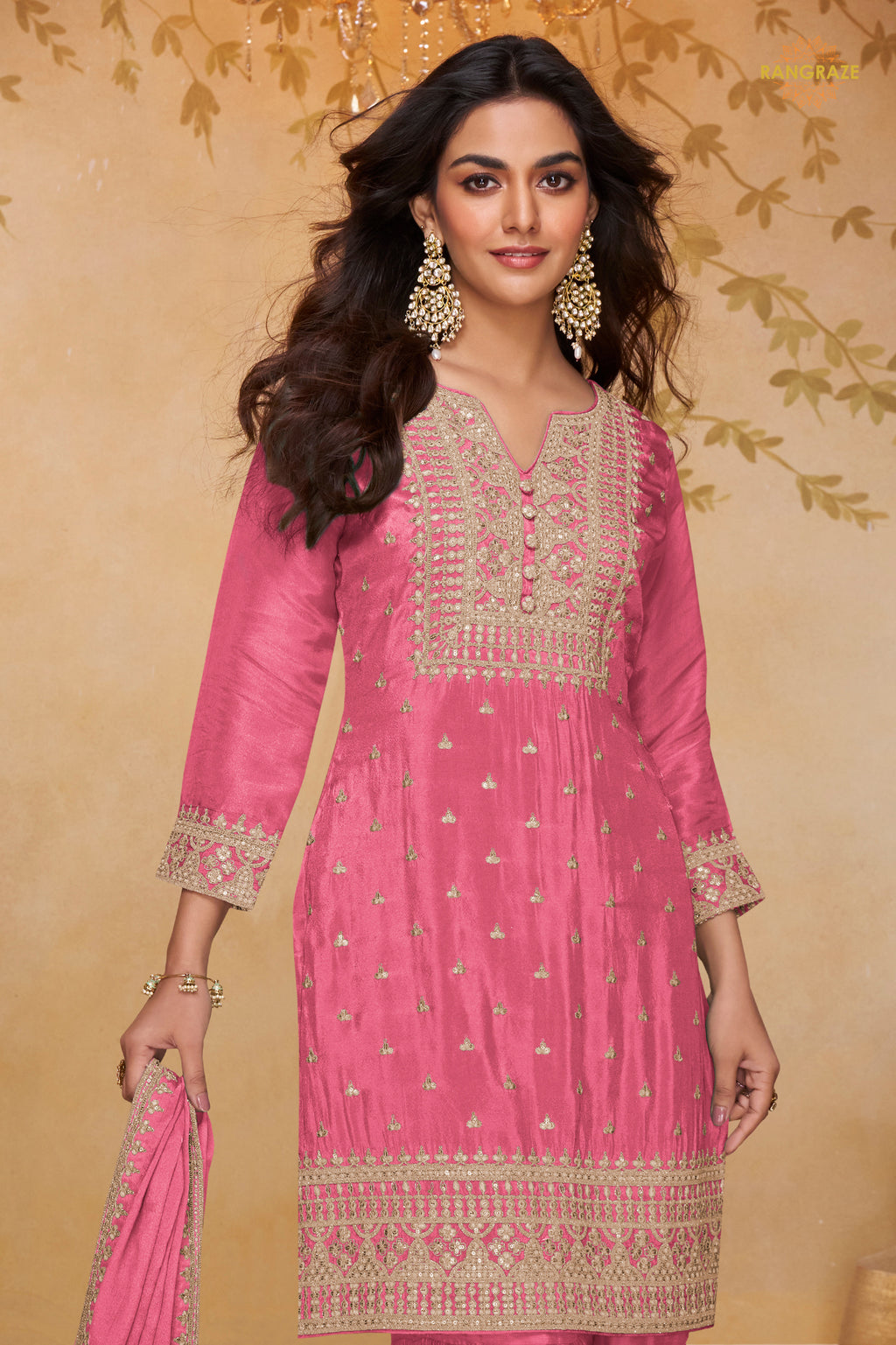 Dusty Rose Embroidered Stitched Chinon Sharara Suit