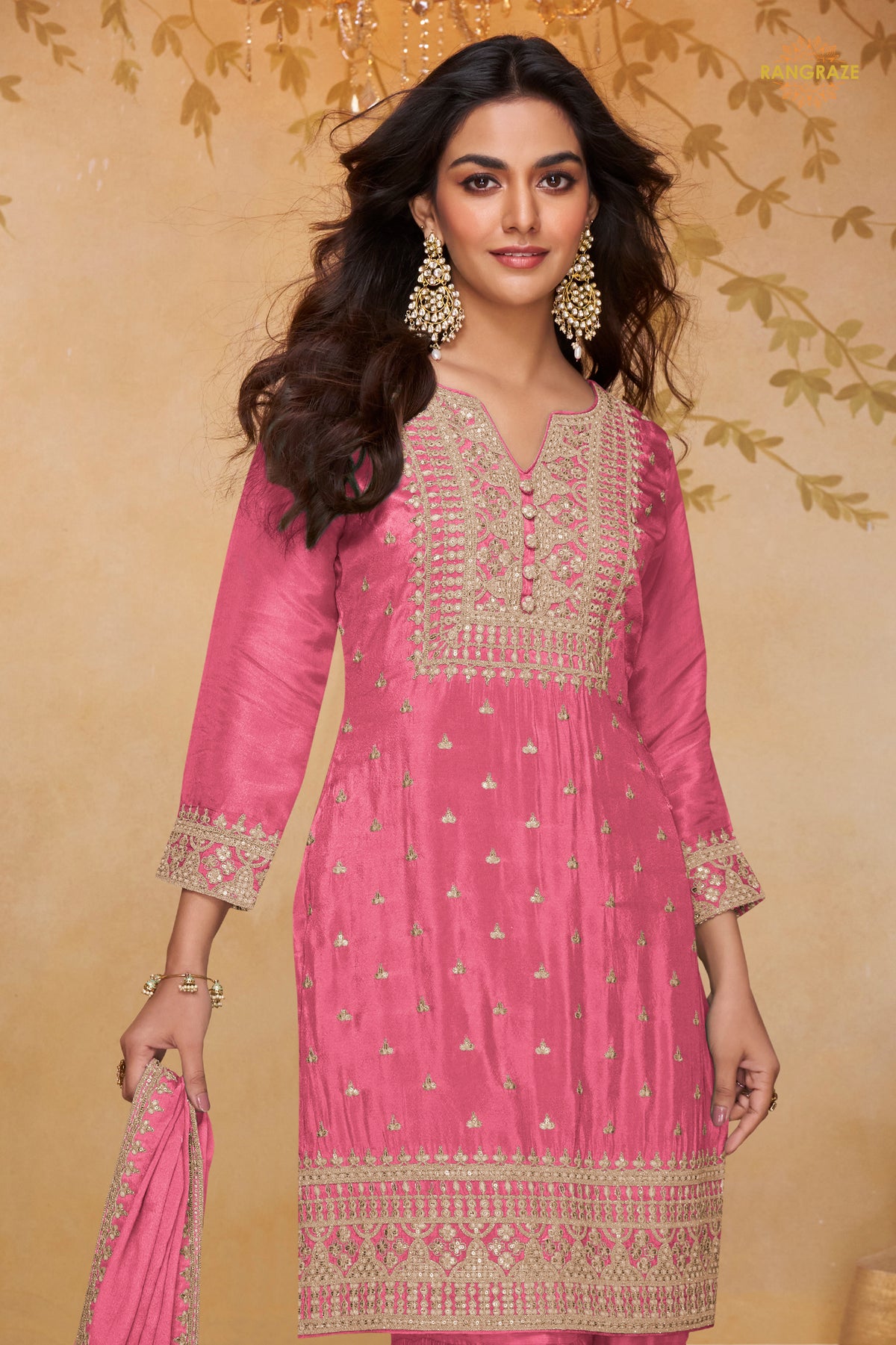 Dusty Rose Embroidered Stitched Chinon Sharara Suit