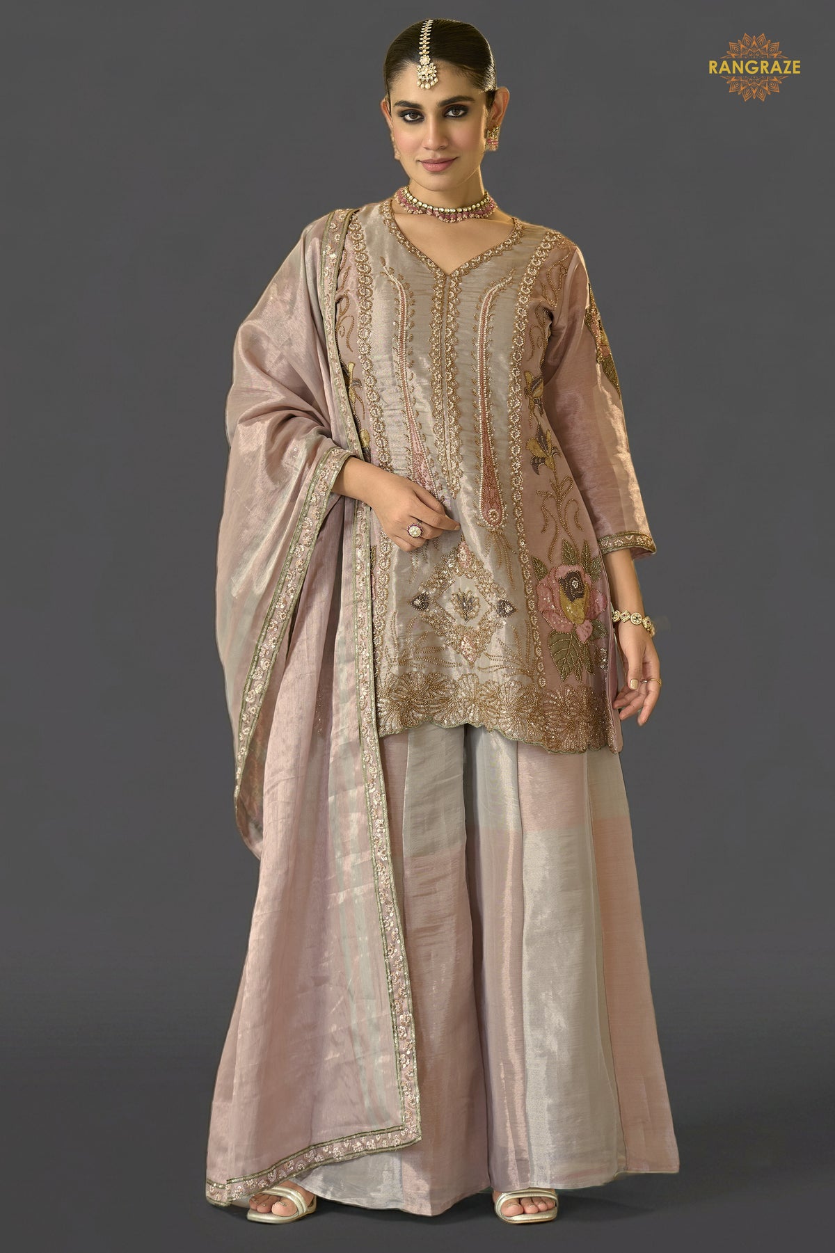 Dusty Rose Pink Stitched Bead Work Palazzo Suit