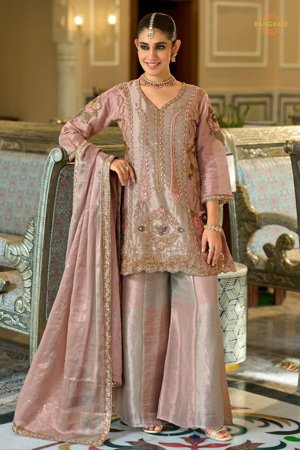 Dusty Rose Pink Stitched Bead Work Palazzo Suit