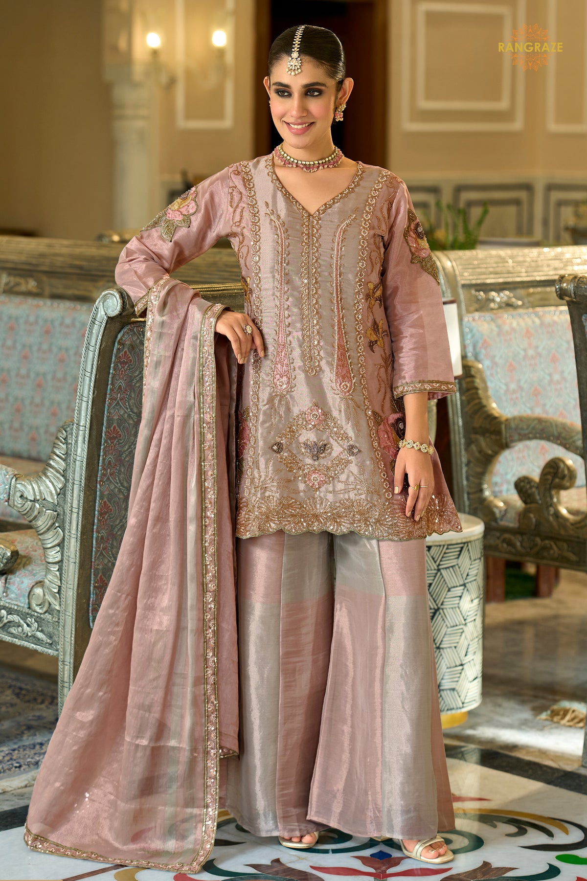 Dusty Rose Pink Stitched Bead Work Palazzo Suit