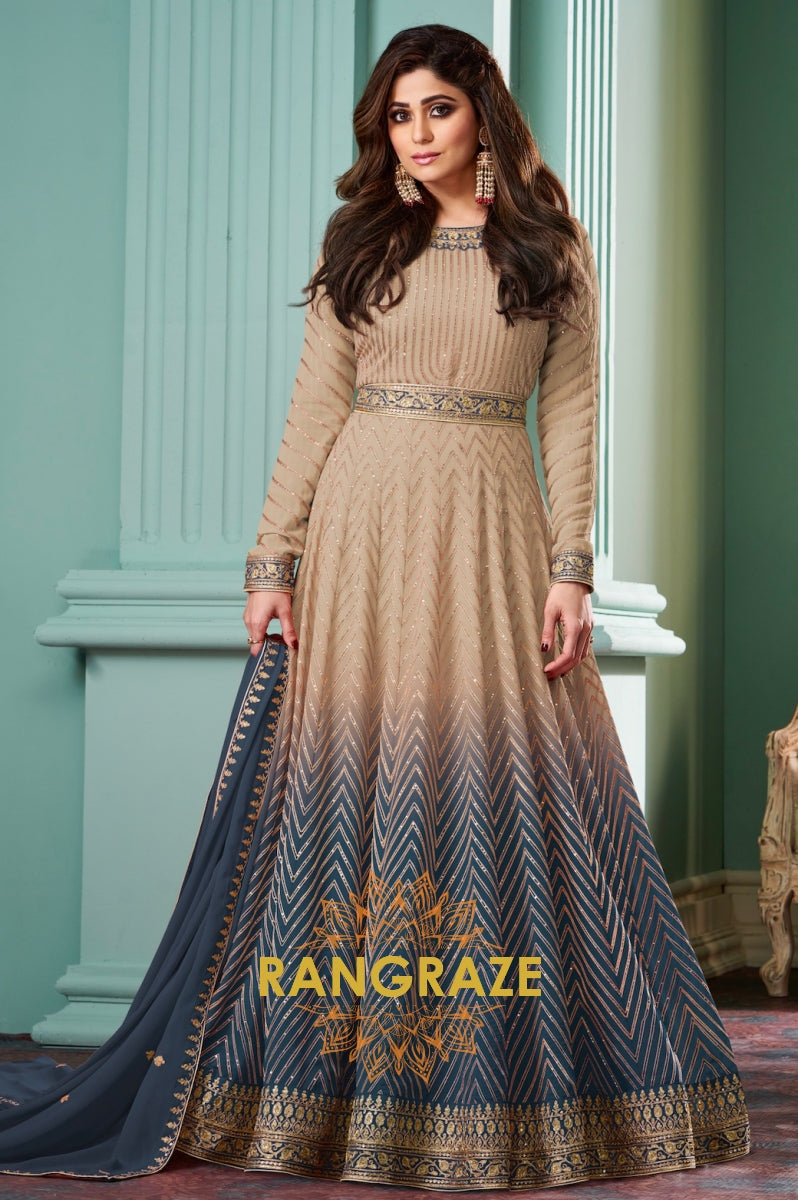 Midnight Mist Beige-Blue Embroidered Anarkali Suit Set