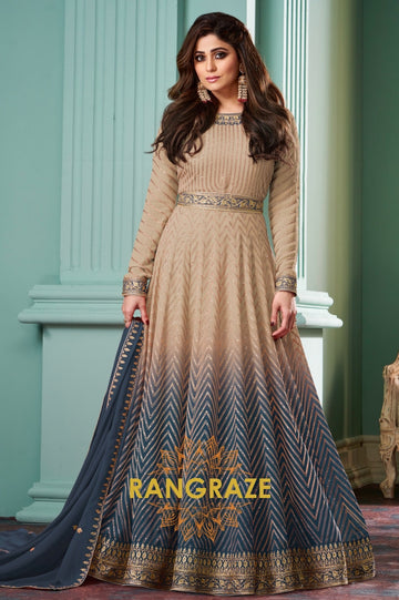 Midnight Mist Beige-Blue Embroidered Anarkali Suit Set