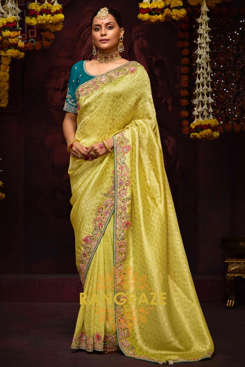 Lime Yellow and Teal Banarasi Silk Saree – A Vibrant Tale of Regal Splendor