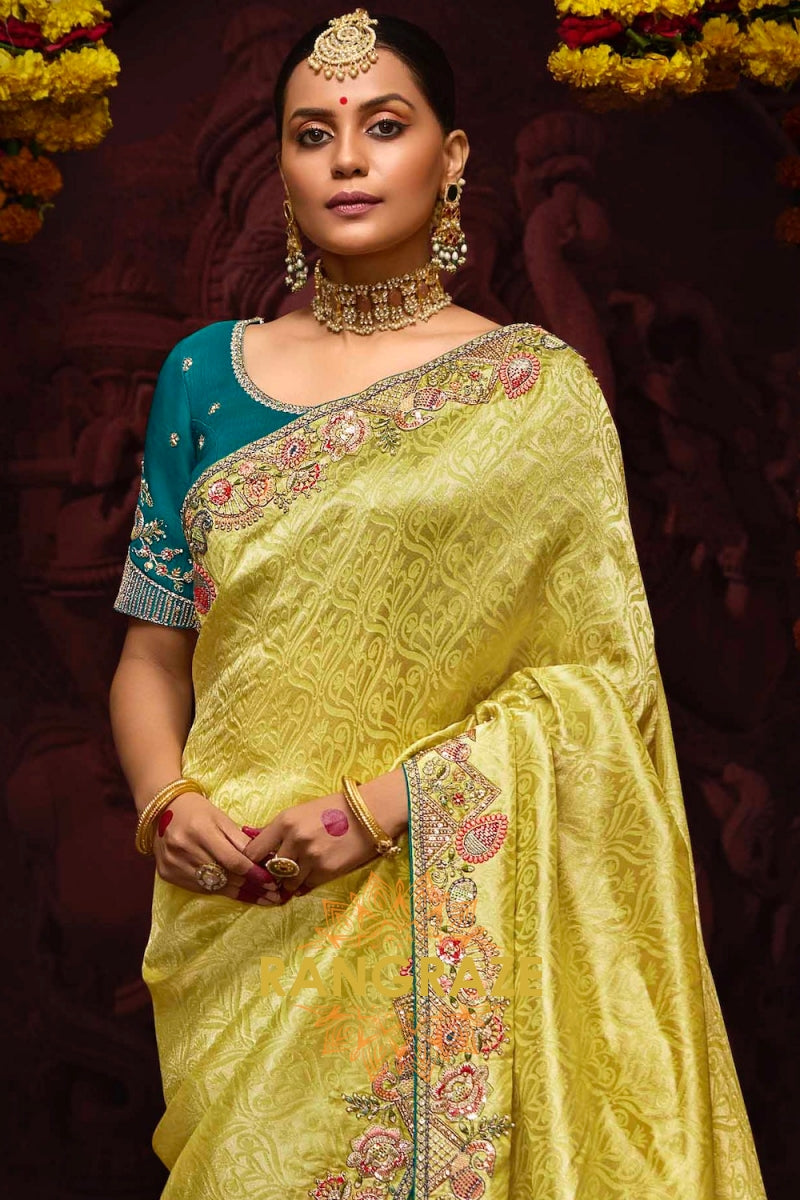 Lime Yellow and Teal Banarasi Silk Saree – A Vibrant Tale of Regal Splendor
