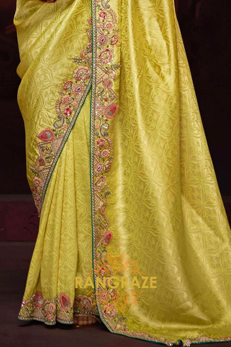 Lime Yellow and Teal Banarasi Silk Saree – A Vibrant Tale of Regal Splendor