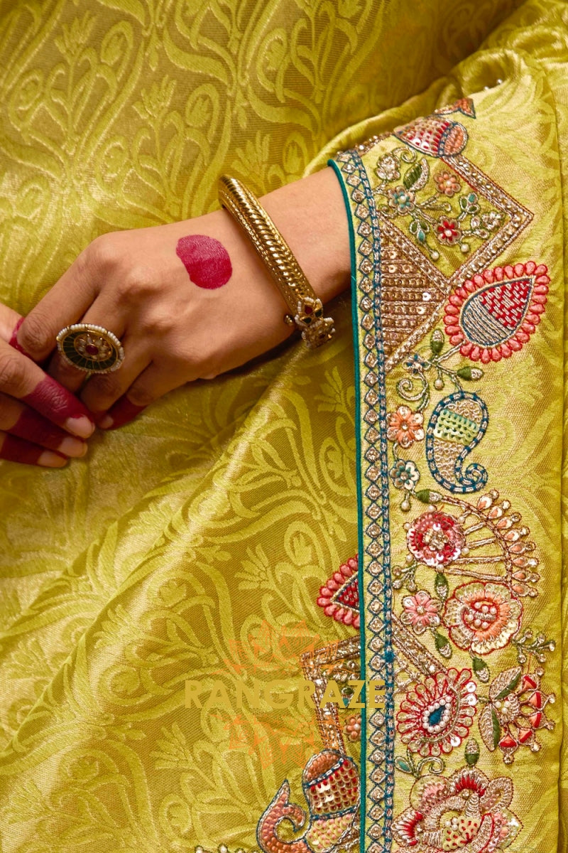 Lime Yellow and Teal Banarasi Silk Saree – A Vibrant Tale of Regal Splendor