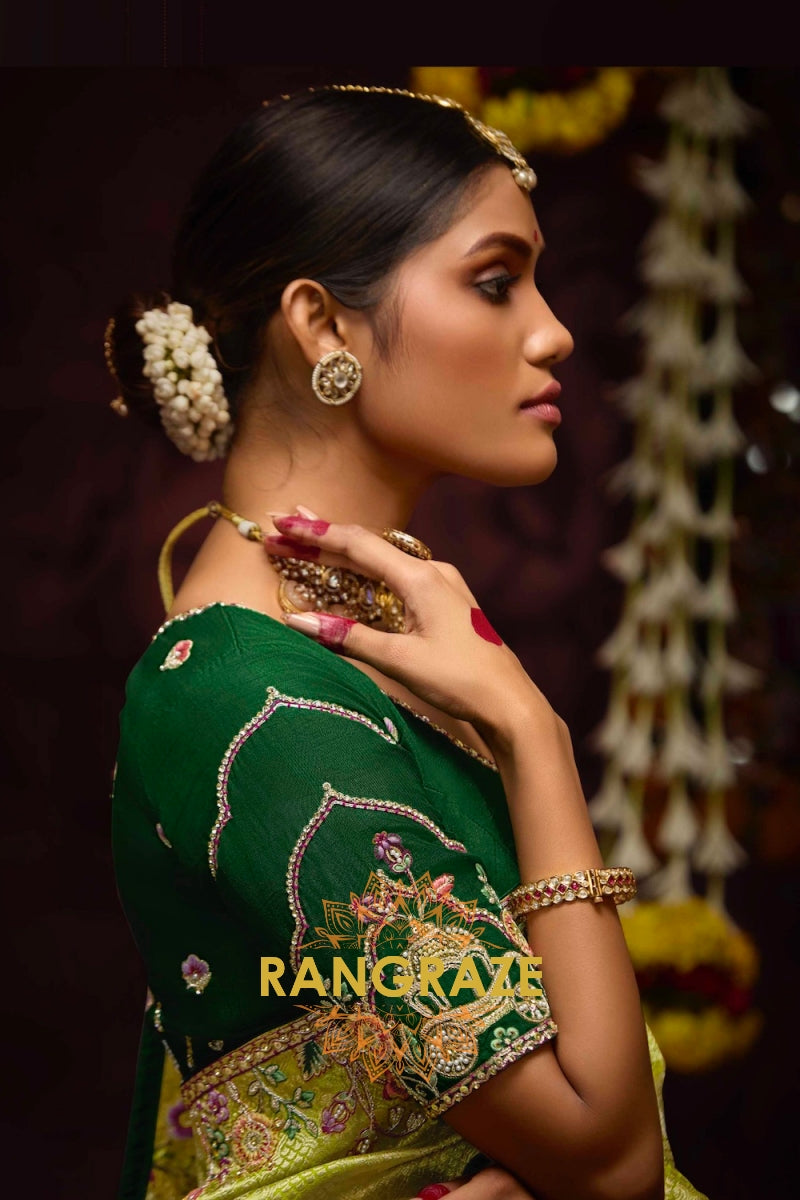 Lime Green and Forest Green Banarasi Silk Saree – A Royal Celebration of Heritage