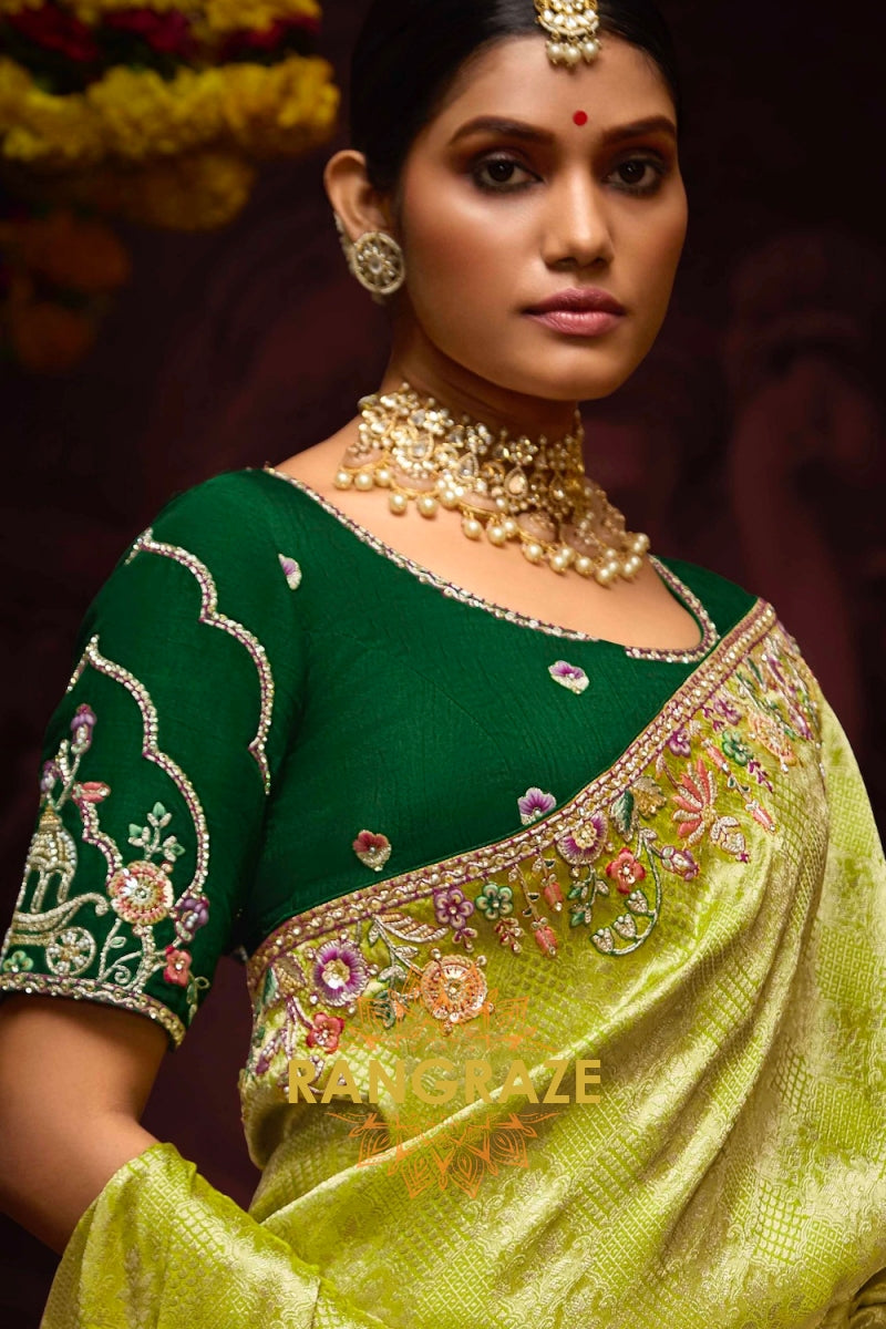 Lime Green and Forest Green Banarasi Silk Saree – A Royal Celebration of Heritage