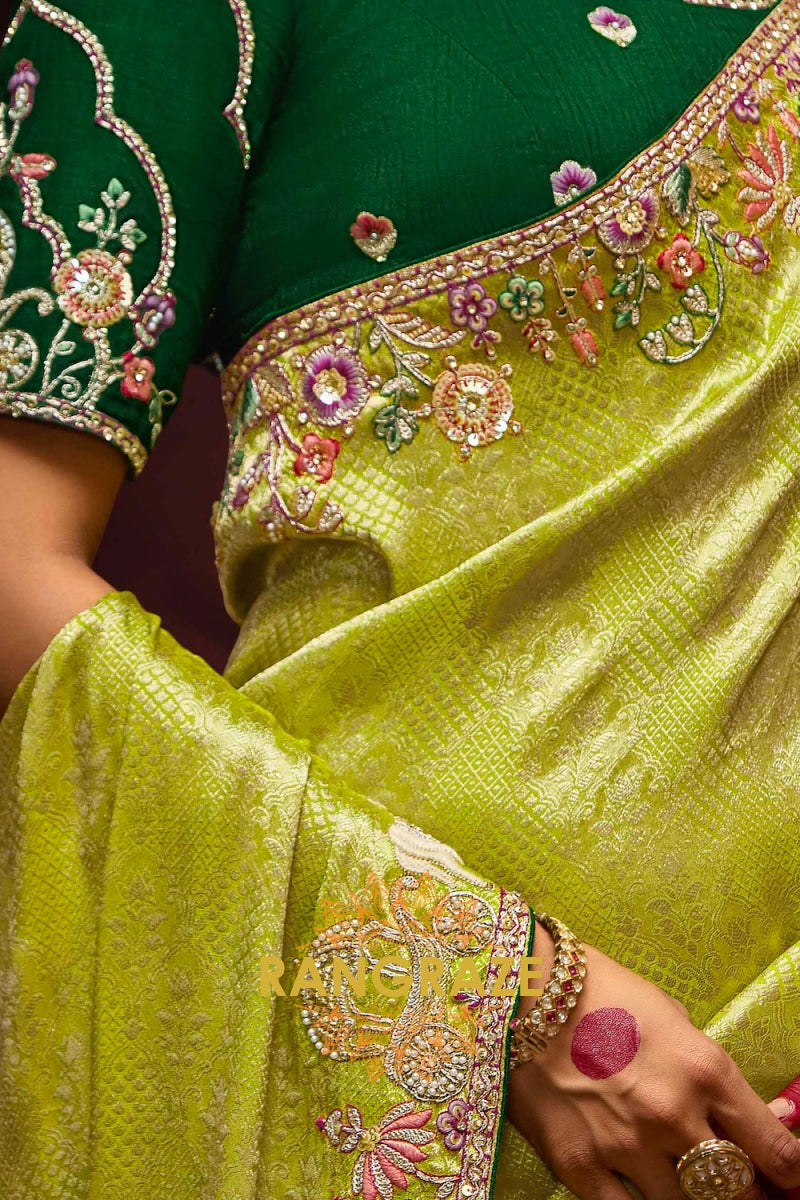 Lime Green and Forest Green Banarasi Silk Saree – A Royal Celebration of Heritage