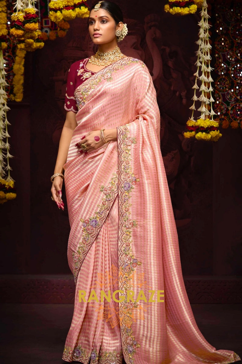 Blush Pink and Berry Red Banarasi Silk Saree – A Divine Symphony of Elegance
