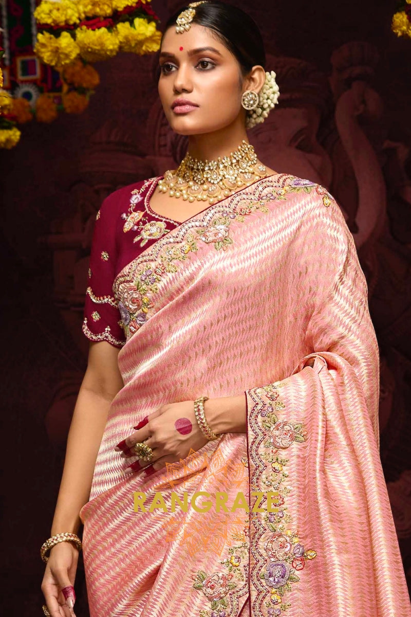 Blush Pink and Berry Red Banarasi Silk Saree – A Divine Symphony of Elegance