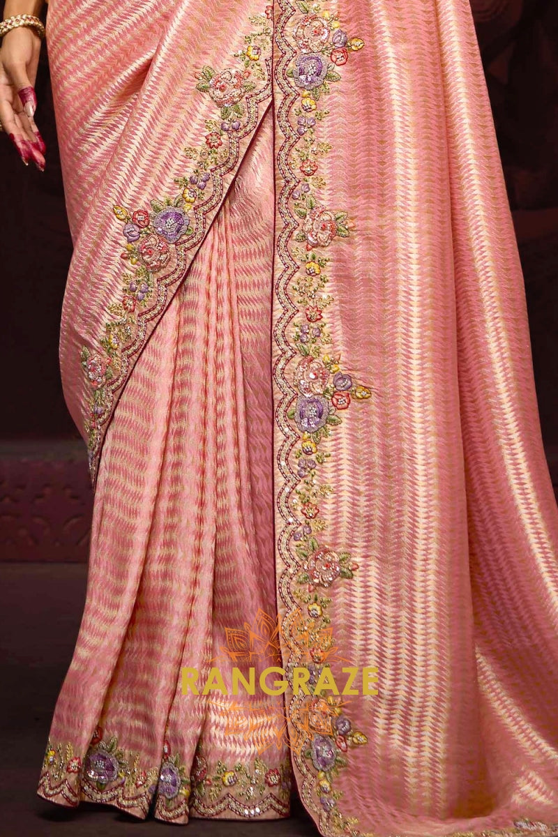 Blush Pink and Berry Red Banarasi Silk Saree – A Divine Symphony of Elegance