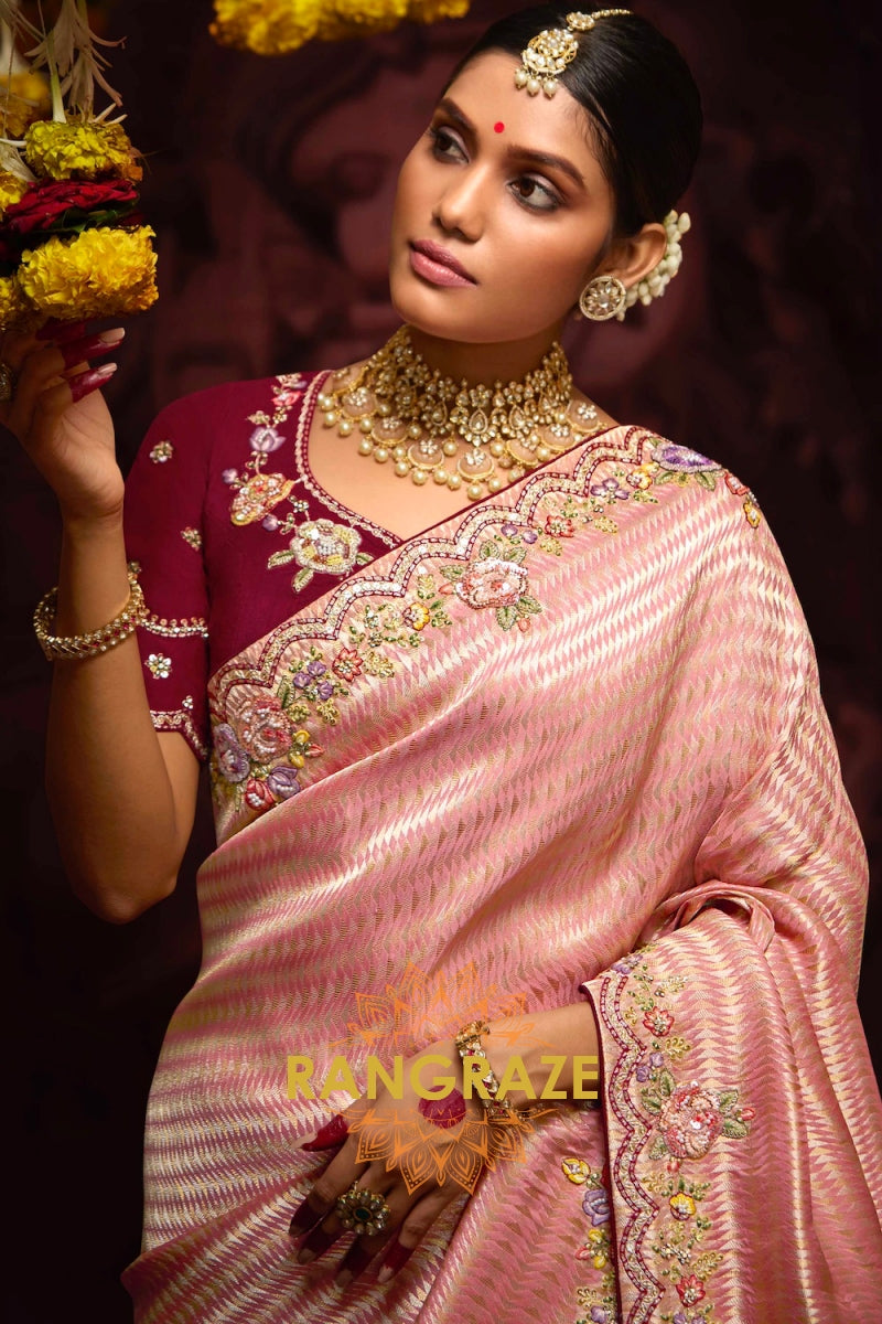 Blush Pink and Berry Red Banarasi Silk Saree – A Divine Symphony of Elegance