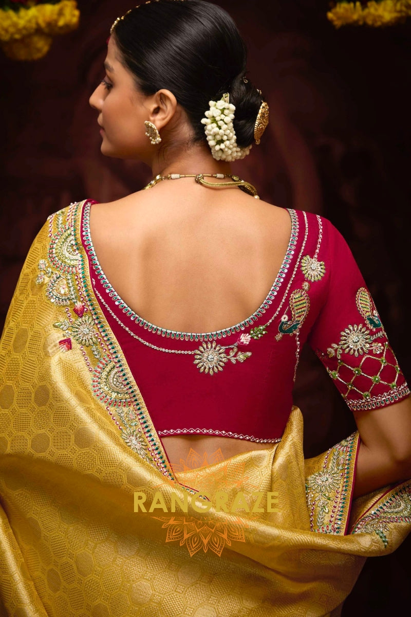 Golden Yellow and Crimson Banarasi Silk Saree – A Regal Tapestry of Grandeur