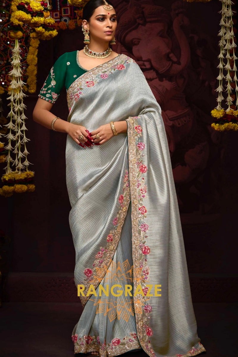 Ice Blue and Emerald Green Banarasi Silk Saree – A Symphony of Grace and Royalty