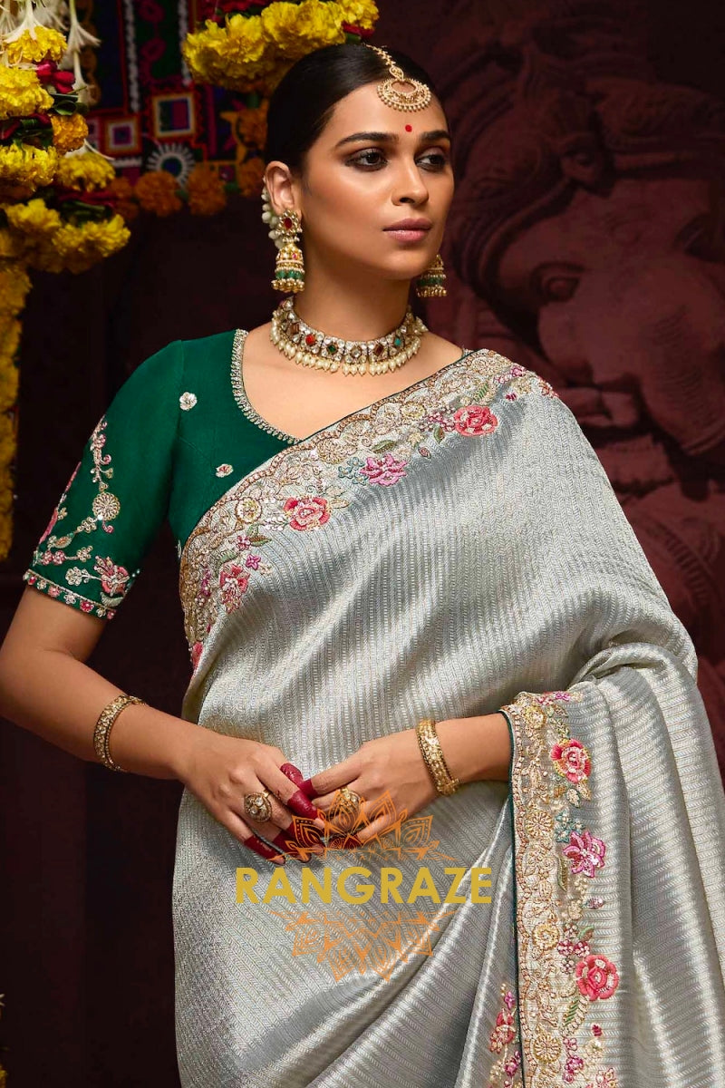 Ice Blue and Emerald Green Banarasi Silk Saree – A Symphony of Grace and Royalty