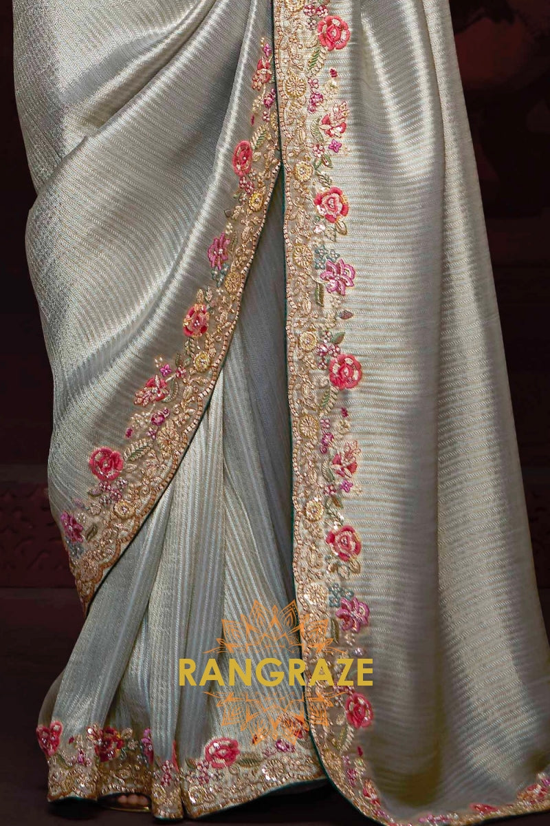 Ice Blue and Emerald Green Banarasi Silk Saree – A Symphony of Grace and Royalty