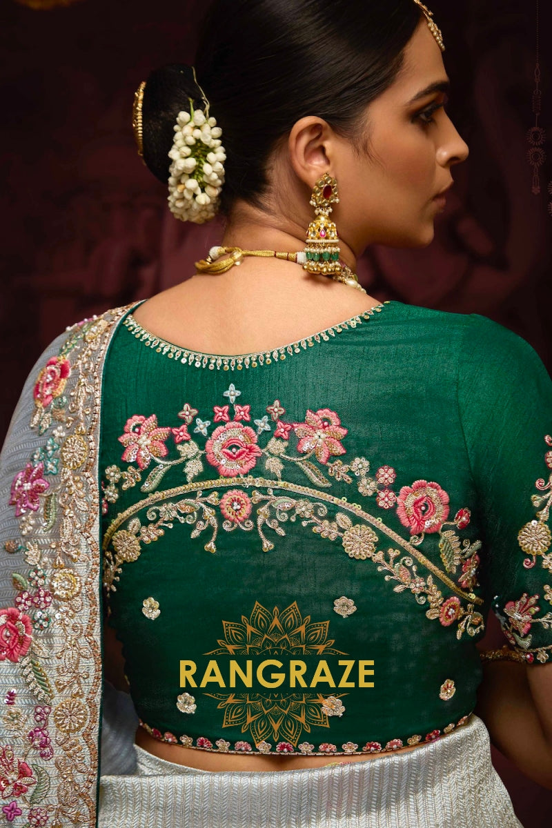 Ice Blue and Emerald Green Banarasi Silk Saree – A Symphony of Grace and Royalty