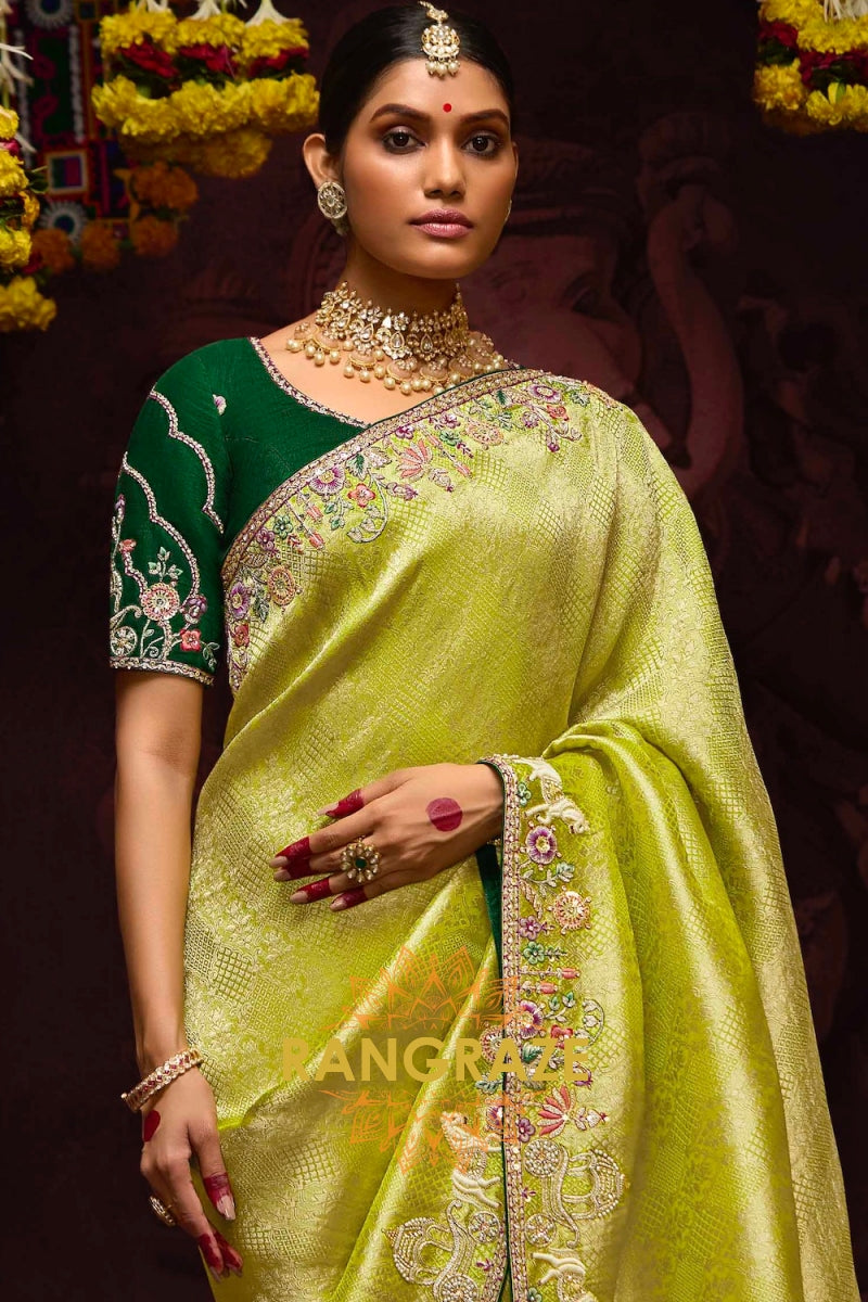 Lime Green and Forest Green Banarasi Silk Saree – A Royal Celebration of Heritage