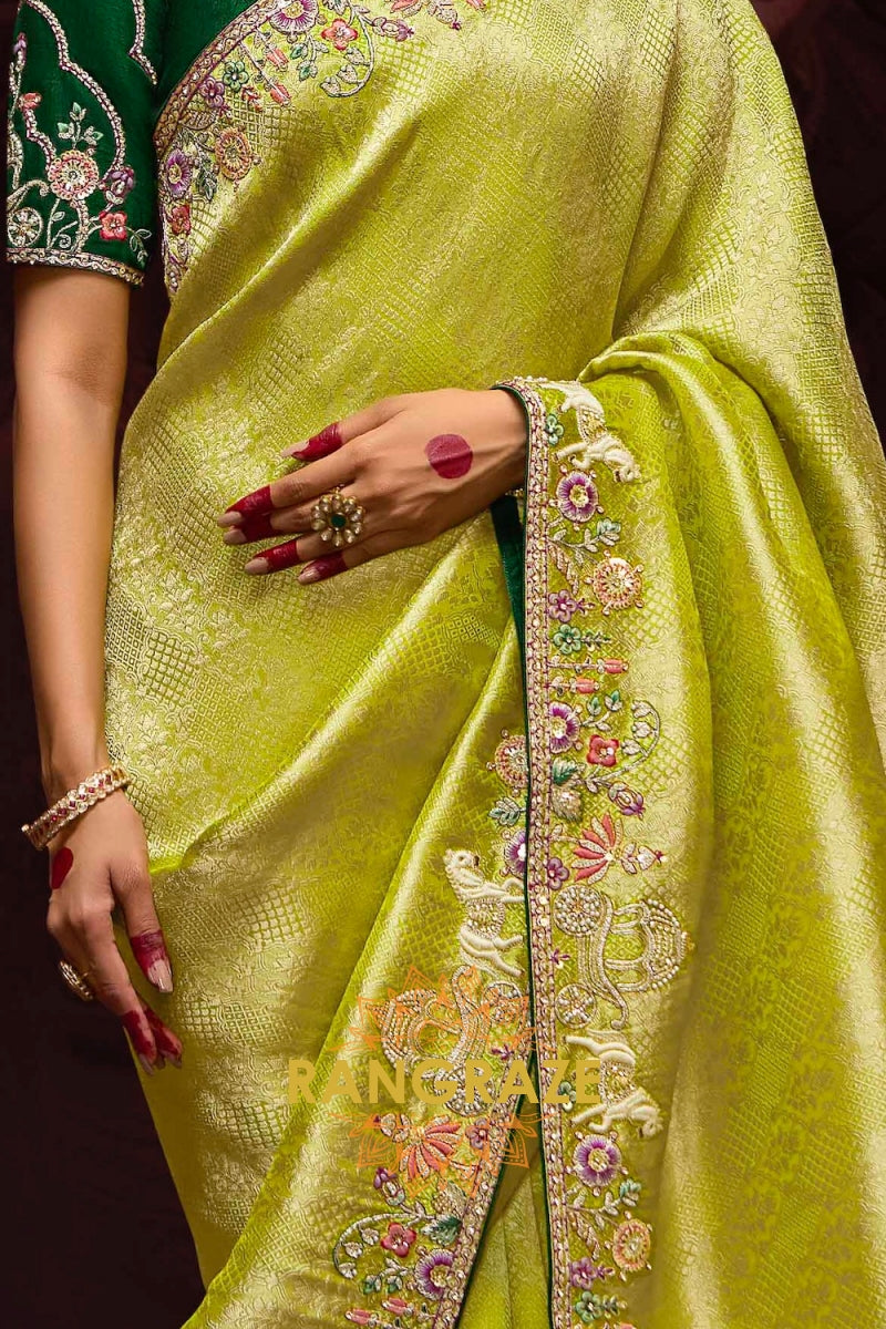 Lime Green and Forest Green Banarasi Silk Saree – A Royal Celebration of Heritage
