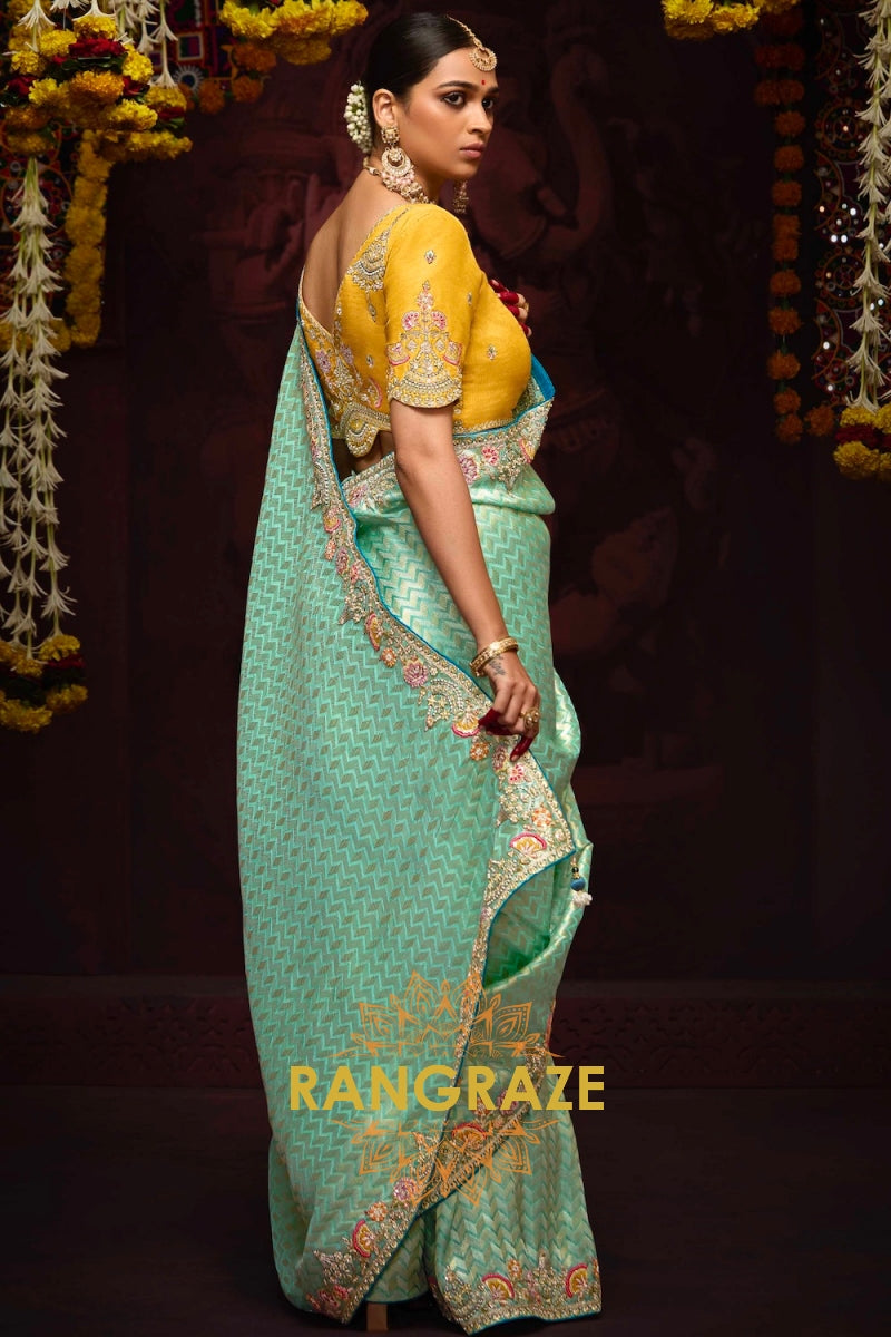 Golden Glow and Sea Green Banarasi Kanjivaram Saree – A Radiant Blend of Tradition and Opulence