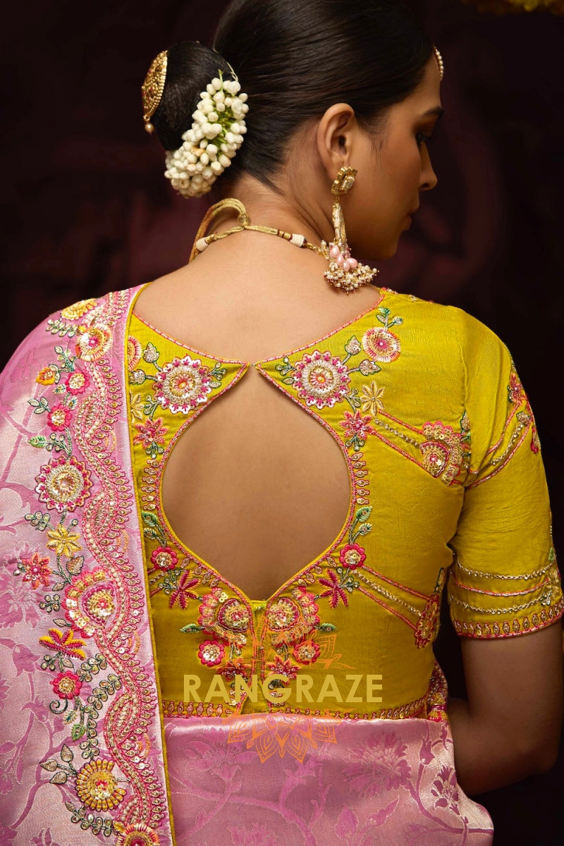 Blush Pink Banarasi Silk Saree with Mustard Blouse – A Symphony of Feminine Grace