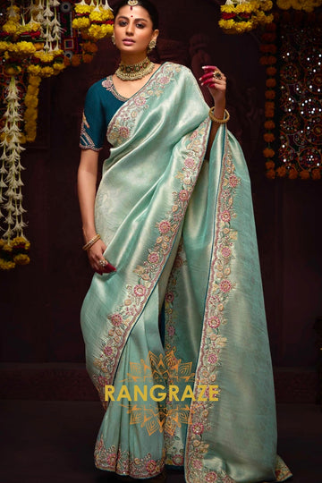 Aquamarine Banarasi Silk Saree with Peacock Blue Blouse – A Celebration of Timeless Elegance