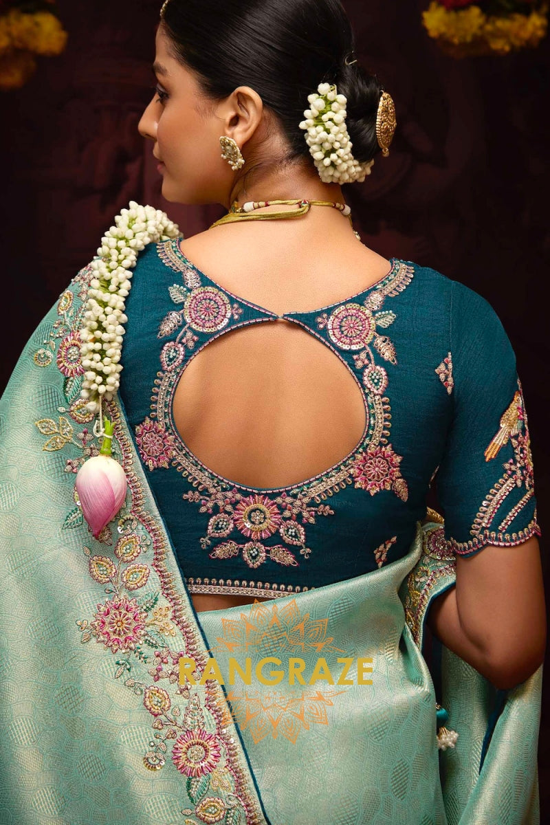 Aquamarine Banarasi Silk Saree with Peacock Blue Blouse – A Celebration of Timeless Elegance