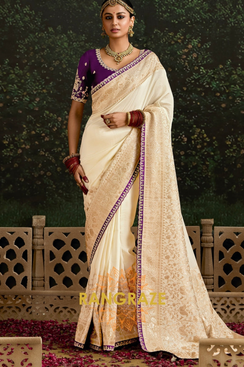Ivory and Purple Banarasi Silk Saree – An Epitome of Timeless Elegance