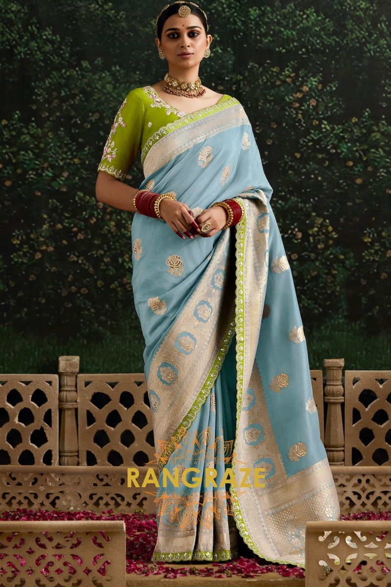 Misty Blue and Lime Green Banarasi Saree – A Delightful Duo of Grace