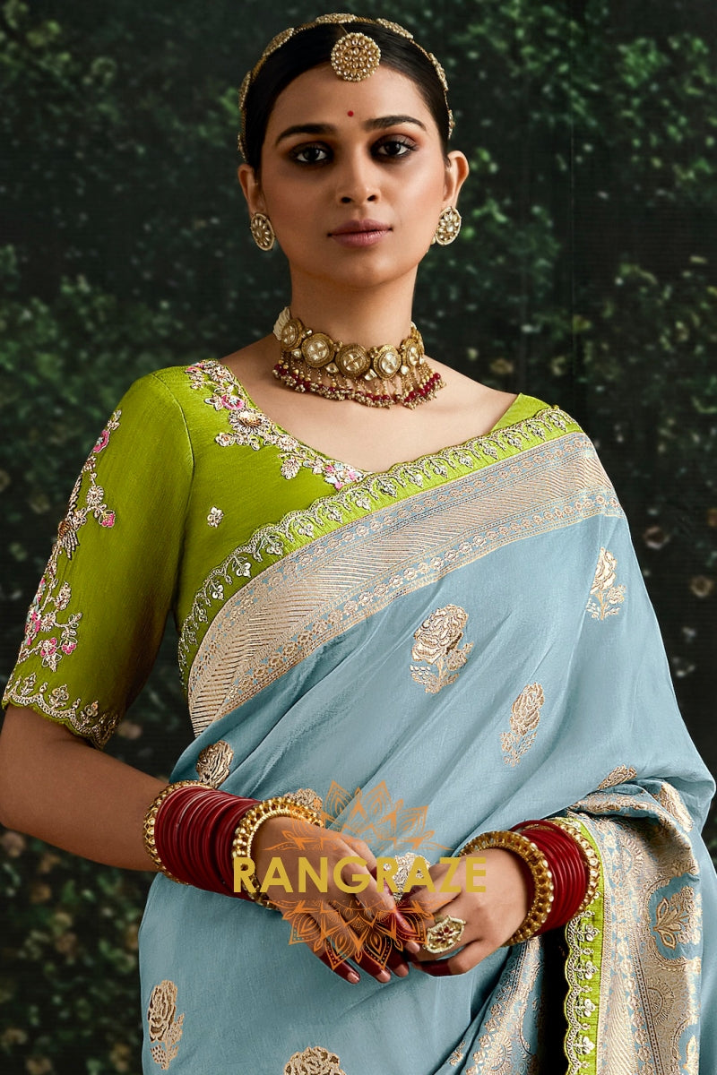 Misty Blue and Lime Green Banarasi Saree – A Delightful Duo of Grace
