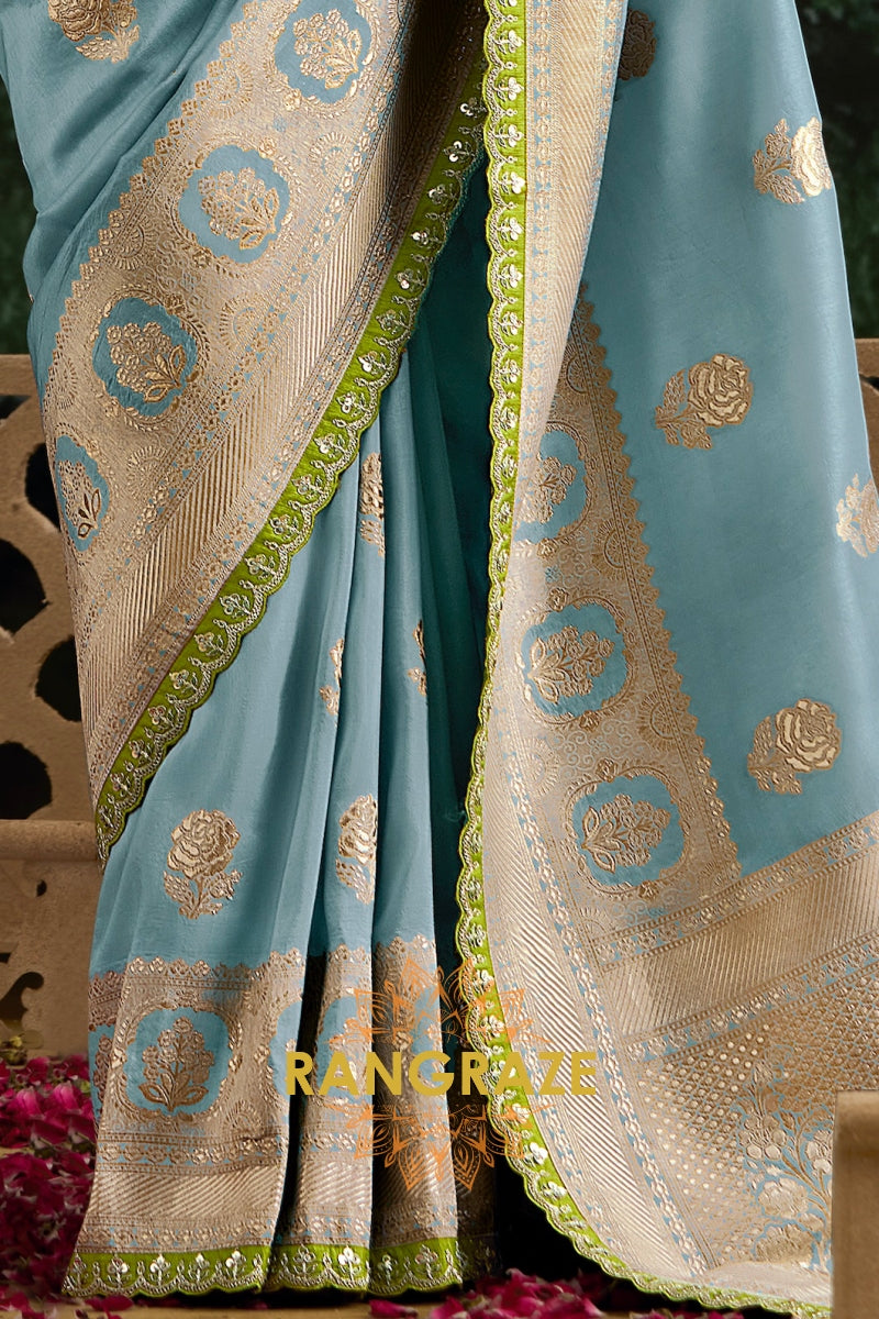 Misty Blue and Lime Green Banarasi Saree – A Delightful Duo of Grace