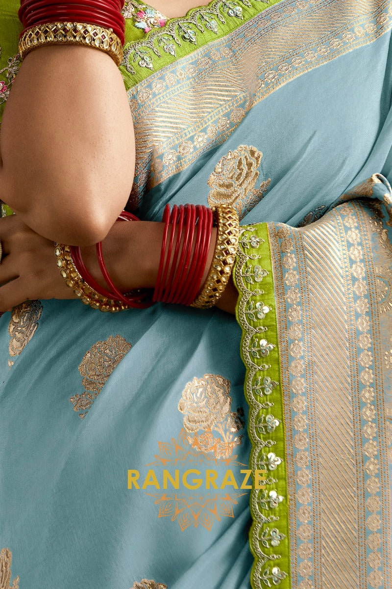 Misty Blue and Lime Green Banarasi Saree – A Delightful Duo of Grace