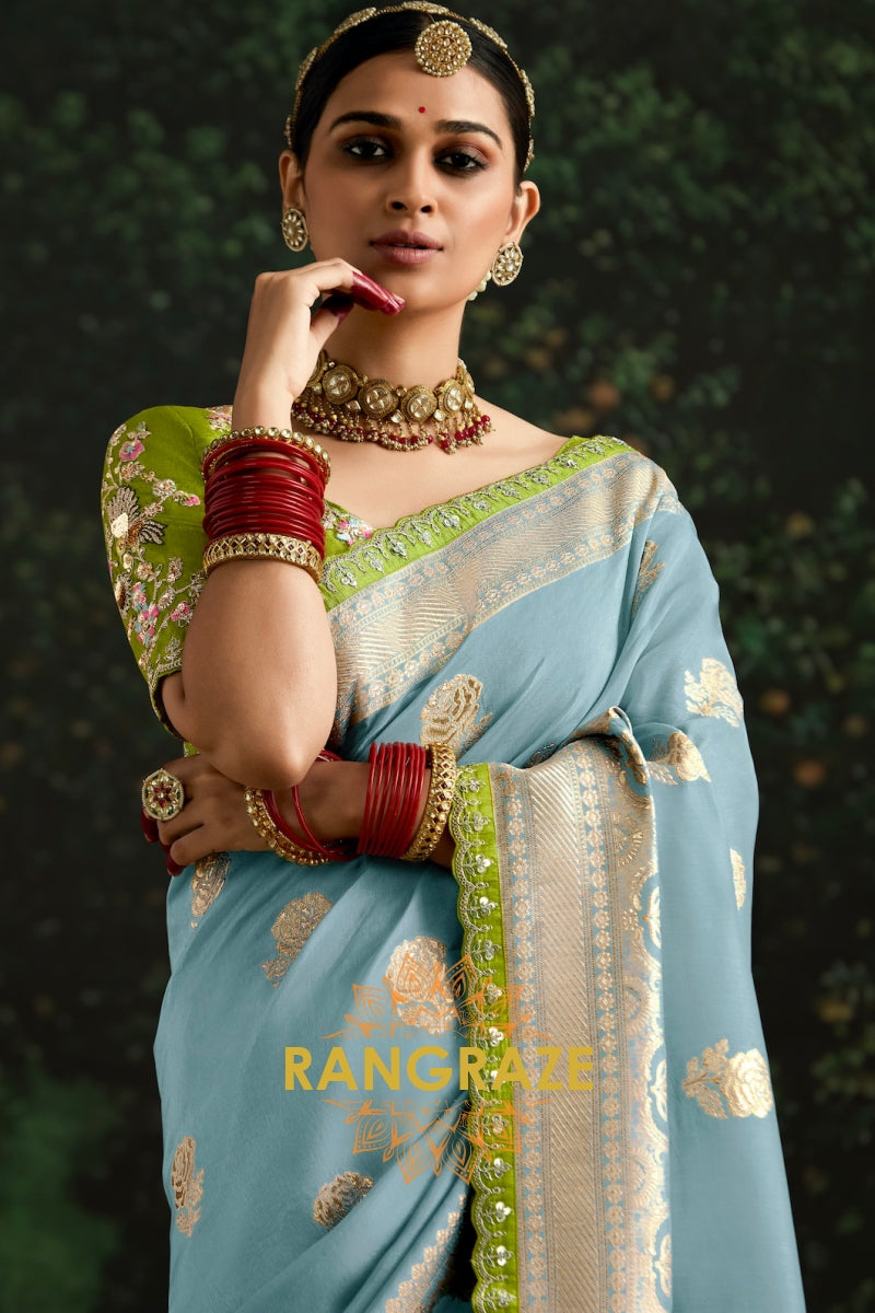 Misty Blue and Lime Green Banarasi Saree – A Delightful Duo of Grace