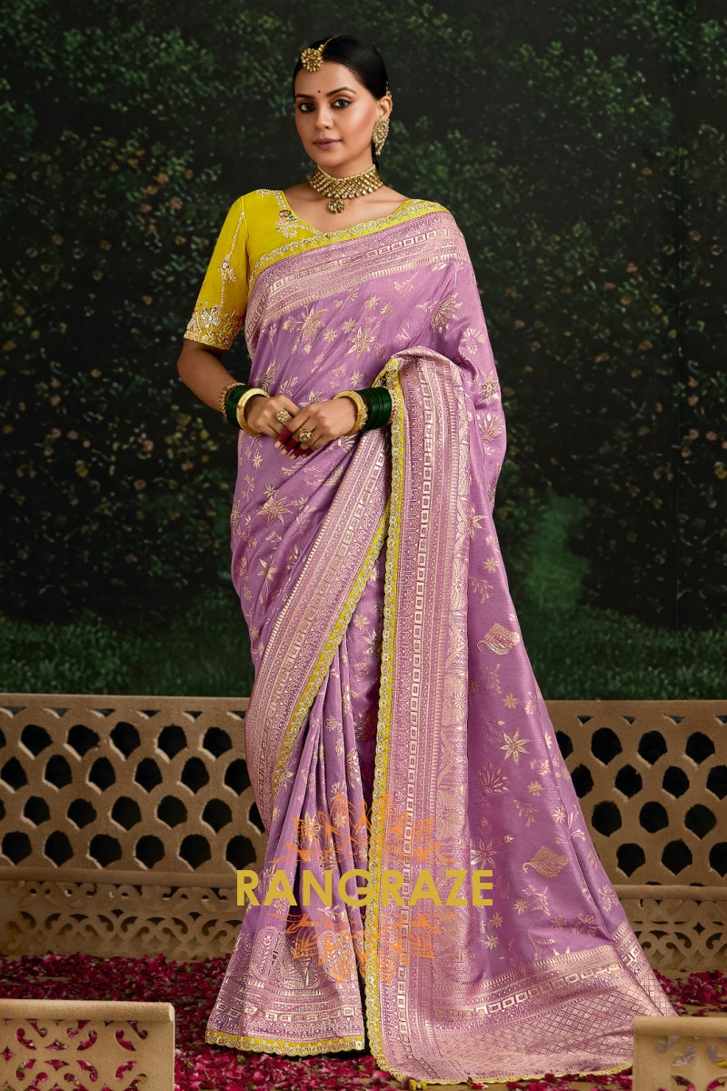 Lavender and Yellow Designer Banarasi Silk Saree