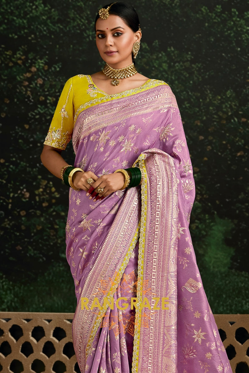 Lavender and Yellow Designer Banarasi Silk Saree