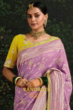 Lavender and Yellow Designer Banarasi Silk Saree
